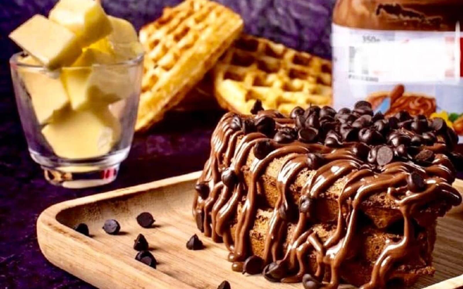 Chocolate-drizzled waffle with chocolate chips at Waffee House Mangalore